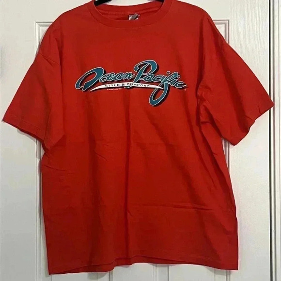 Vintage 90s Men's XL Red Ocean Pacific Graphic Design Surfing Short Sleeve Shirt - Picture 1 of 7